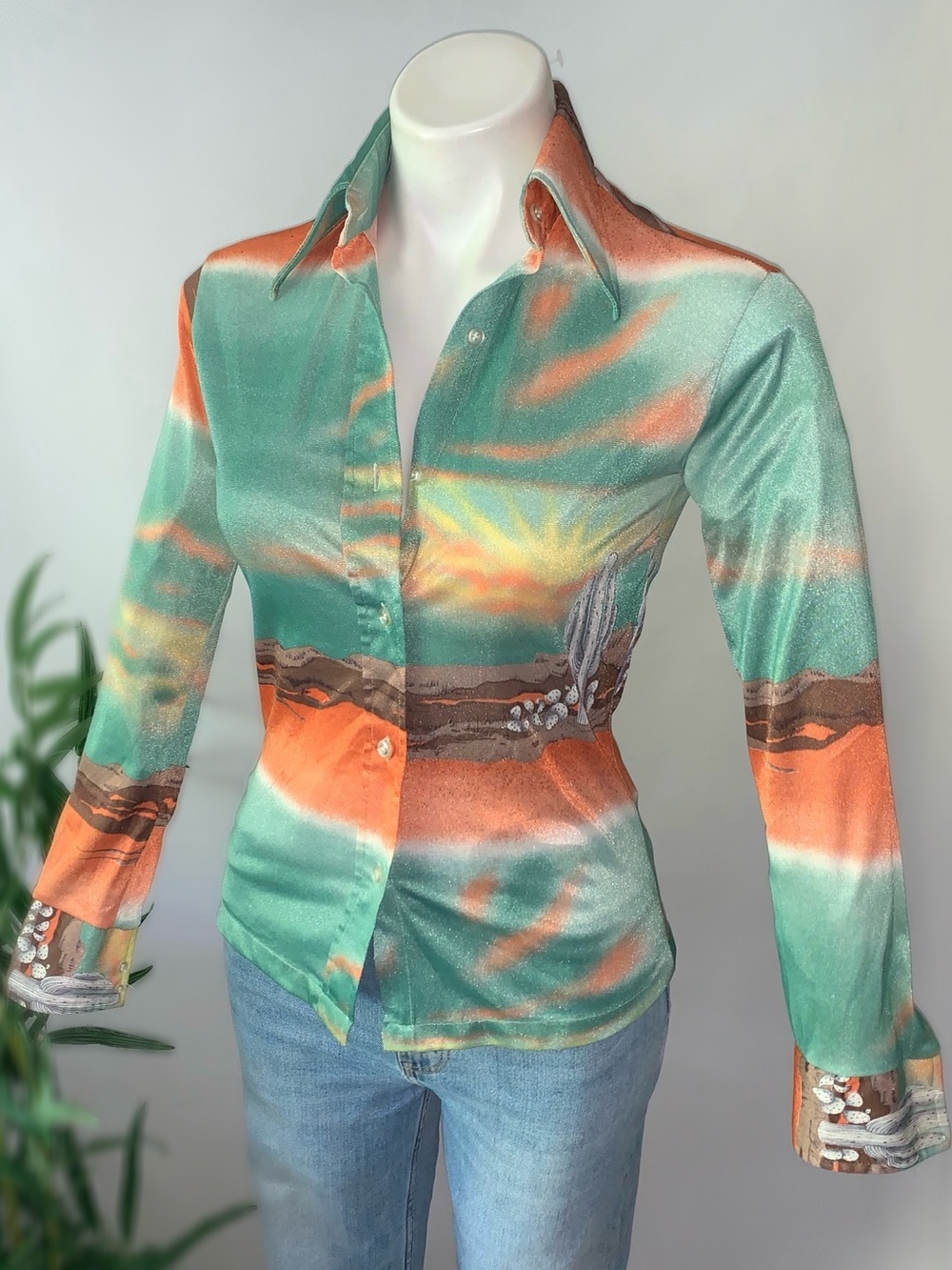 Vintage Green and Orange Sunset Print Satin Button-Up Blouse